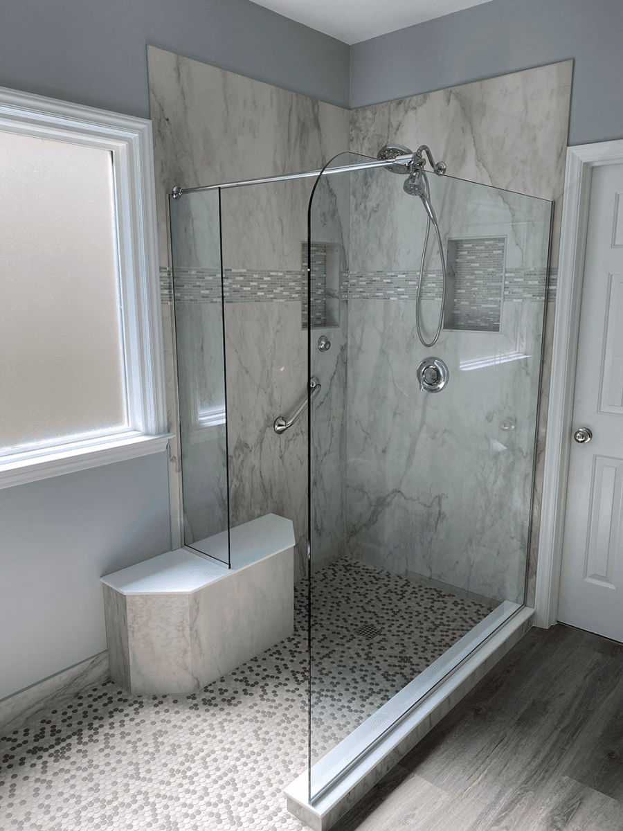 A newly-remodeled bathroom by EZPro Kitchen & Baths.