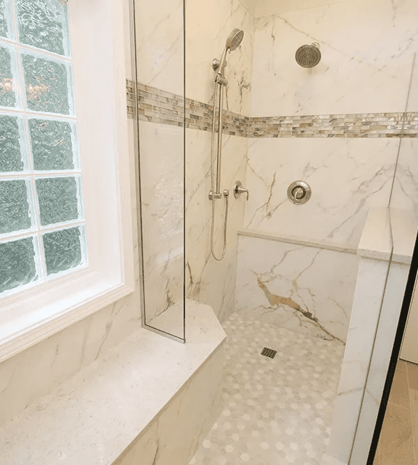 A newly-remodeled bathroom by EZPro Kitchen & Baths.