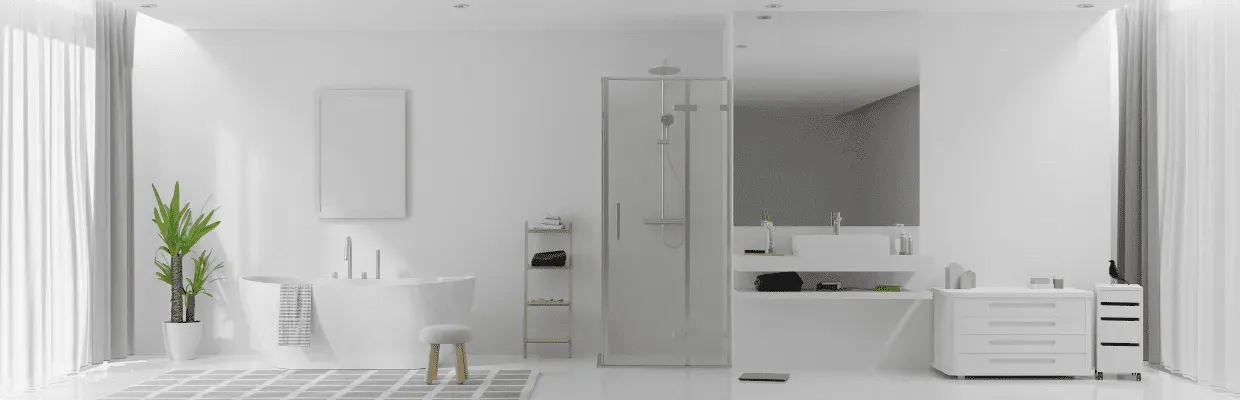A white bathroom with large soaking tub, glass shower stall, and modern, white vanity.