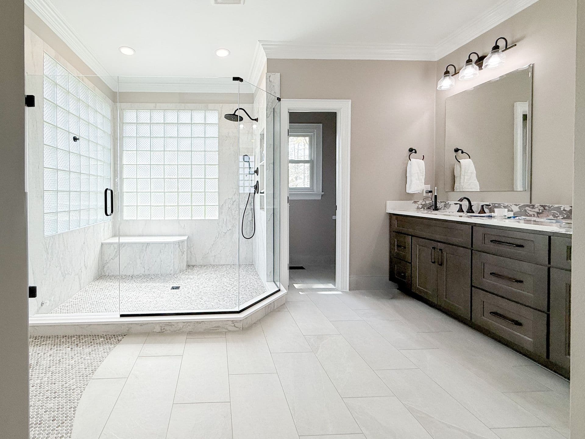 White Full Bath Remodel with Dark Wood Vanity