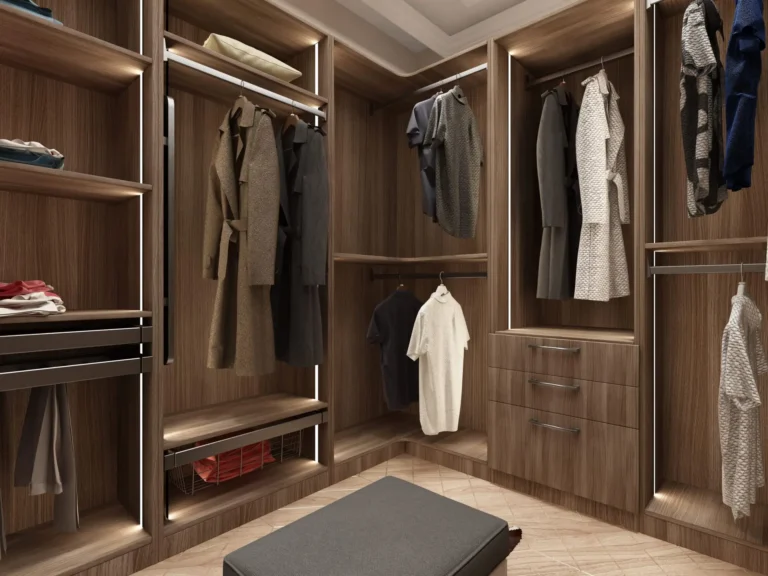 Luxury custom walk-in closet in Cary NC with walnut-finish cabinetry, built-in drawers, adjustable shelving, hanging rods, pull-out storage, and integrated lighting